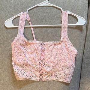 Aerie Pink Lace-Up Crochet Top